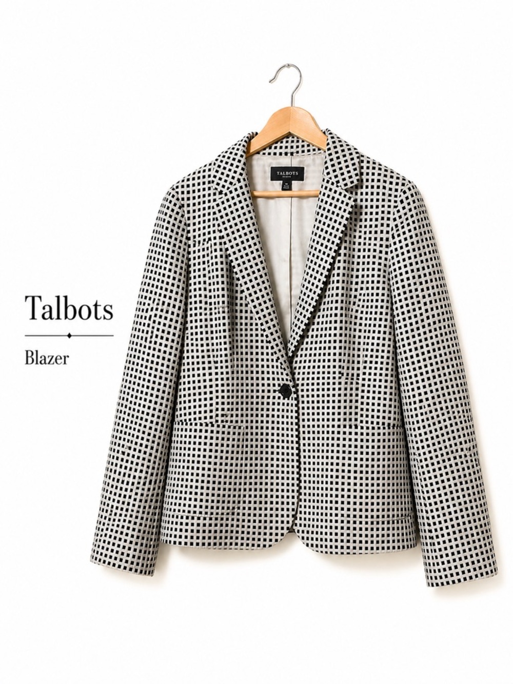 Talbots Blazer Womens XL Black White Checkered Career Jacket Lined